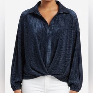 NWT Skies Are Blue Navy Velvet Shimmery Button Down Long Sleeve Top S